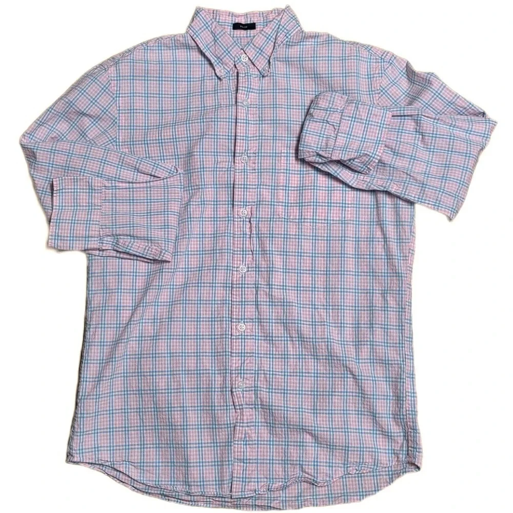 J‎ Crew Flex Washed Slim Fit Plaid Shirt Men's Size M Pink Blue Button Down